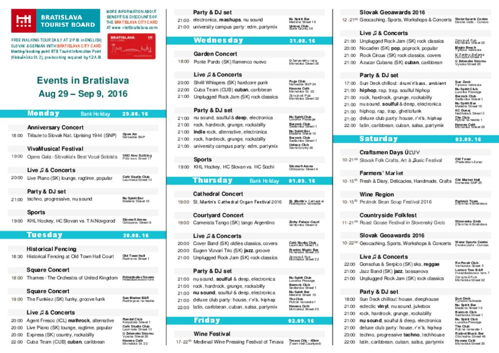 Events in Bratislava, August 29 -September 9, 2016